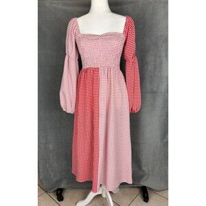 Miss Selfridge Midi Dress Size 4 Red Pink Gingham Milkmaid Smocked Seersucker
